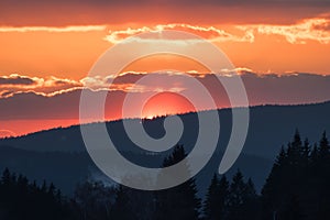 Beautiful sunset at peak of GruÃË StarÃÂ© Hamry, CHKO Beskydy - Czech Republic photo