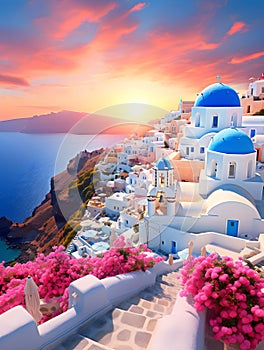 Beautiful sunset of picturesque Santorini island, Greece. Blue-domed churches and white-washed houses