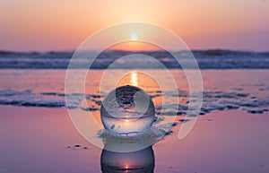 Beautiful Sunset Reflected On Colorful Ocean Beach Seashore