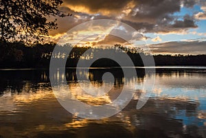 Beautiful sunset reflected in the lake in Windsor Great Park