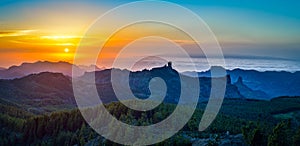 Beautiful sunset with the Roque Nublo peak on Gran Canaria island, Spain