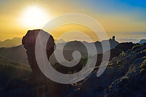 Beautiful sunset with the Roque Nublo peak on Gran Canaria island, Spain