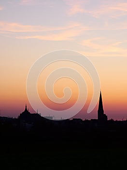 Beautiful Sunset in Rostock Riekdahl, view of the church \