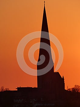 Beautiful Sunset in Rostock Riekdahl, view of the church \