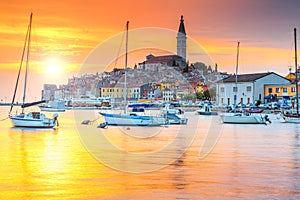 Beautiful sunset with Rovinj harbor,Istria region,Croatia,Europe