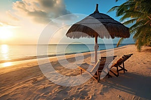 Beautiful sunset scenery, two sun beds, loungers, umbrella under palm tree. White sand, sea view with horizon, colorful