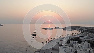 Beautiful Sunset on sea boulevard at Paphos, Cyprus - Aerial drone View 4K