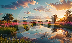 A beautiful sunset is shown in the image, with a river in the foreground reflecting the sky and trees. The sun is settin