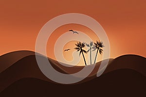 Beautiful sunset and silhouette of desert landscape with glowing sky and Palm tree