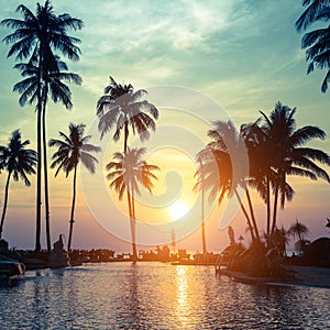 Beautiful sunset with silhouettes of palm trees on a tropical beach