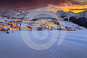 Beautiful sunset and ski resort in the French Alps, Europe