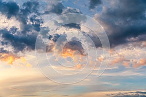 Beautiful sunset sky above clouds with dramatic light. Sunset sky for background, sunrise sky and clouds. Bright orange and blue