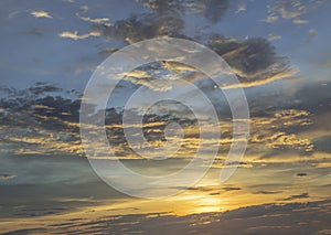 Beautiful sunset sky above clouds with dramatic light, Beautiful blazing sunset landscape