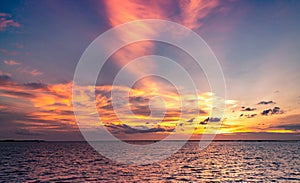 Beautiful sunset sky. Beach sunset. Twilight sea and sky. Tropical sea at dusk. Dramatic orange and blue sky. Calm sea. Sunset