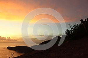 Beautiful sunset sky cloud colors over the horizon background. Colorful sky cloud pattern backgrounds. Copy space.