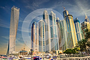 Beautiful sunset sky colors behind marina Dubai