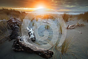 Beautiful sunset sky at hokitika sea beach south island new zeal