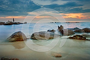 beautiful sunset sky at mae rumphung beach most popular traveling destination in rayong eastern of thailand