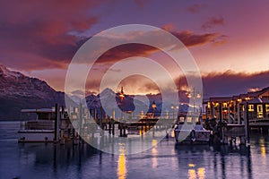 Beautiful sunset sky at queenstown port one of most popular traveling destination in southland new zeland