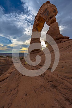 Beautiful sunset sky south side view of Delicate Arch