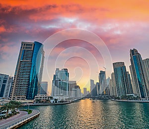 Beautiful sunset skyline of Dubai Marina, United Arab Emirates