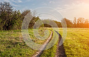 Beautiful sunset. Spring landscape with road in field