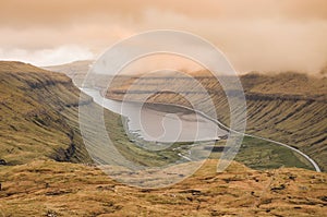 Beautiful sunset in spring over the fjord in Streymoy, Faroe islands, Northern Europe, Scandinavia