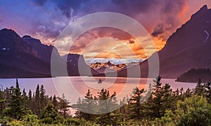 Beautiful sunset at St. Mary Lake in Glacier national park photo