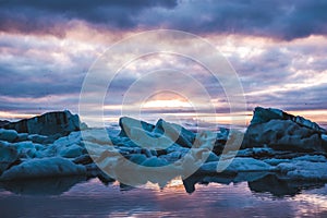 Beautiful sunset sunrise in the Glacier lagoon Jokulsarlon Iceland