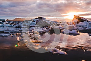 Beautiful sunset sunrise in the Glacier lagoon Jokulsarlon Iceland