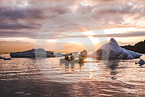 Beautiful sunset sunrise in the Glacier lagoon Jokulsarlon Iceland