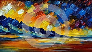 Beautiful sunset or sunrise over the sea, ocean or lake. Oil painting created by artificial intelligence. Large sweeping