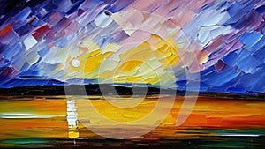 Beautiful sunset or sunrise over the sea, ocean or lake. Oil painting created by artificial intelligence. Large sweeping