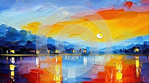 Beautiful sunset or sunrise over the sea, ocean or lake. Oil painting created by artificial intelligence. Large sweeping