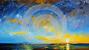 Beautiful sunset or sunrise over the sea, ocean or lake. Oil painting created by artificial intelligence. Large sweeping