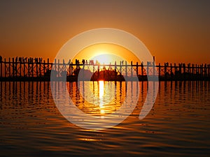 Beautiful sunset at Taungthaman Lake near U Bein bridge in the sunset