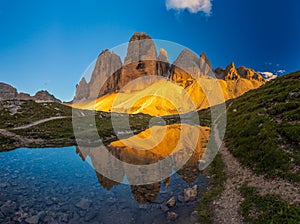 Beautiful sunset at Tre Cime di Lavaredo trail in South Tyrol, northern Italy