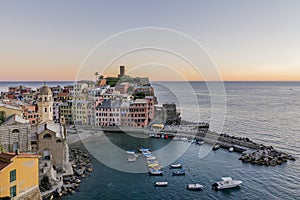 Beautiful sunset on Vernazza, Cinque Terre park, Liguria, Italy