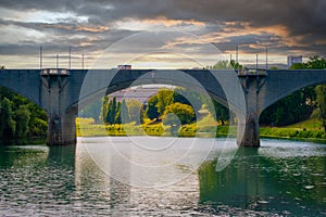 Beautiful sunset view of the arch bridge over the river Po in the city of Turin, Italy