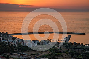 Beautiful sunset view from the historical castle of Kyparissia coastal town at sunset. Located in northwestern Messenia,
