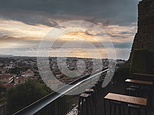 Beautiful sunset view from the historical castle of Kyparissia coastal town at sunset. Located in northwestern Messenia,