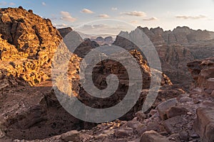 Beautiful sunset in Wadi Musa valley in Petra ruin and ancient city, Jordan, Arab