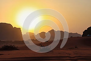 beautiful sunset in wadi rum desert also known as Valley of the moon