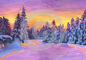Beautiful sunset in the winter forest. Children`s drawing