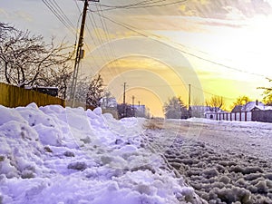 Beautiful sunset in winter with snow