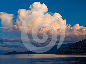 Beautiful sunset and yachts in the Ionian Sea on the island of Kefalonia in Greece