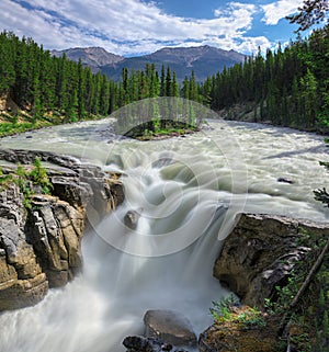 Beautiful Sunwapta falls in Rocky Mountains