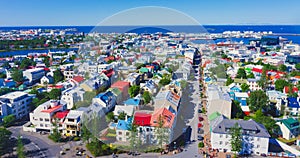 Beautiful super wide-angle aerial view of Reykjavik, Iceland wit