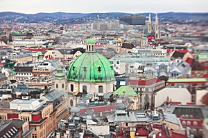 Beautiful super-wide angle aerial view of Vienna, Austria, with old town Historic Center and scenery beyond the city, shot from ob