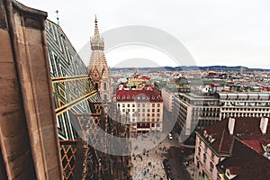 Beautiful super-wide angle aerial view of Vienna, Austria, with old town Historic Center and scenery beyond the city, shot from ob